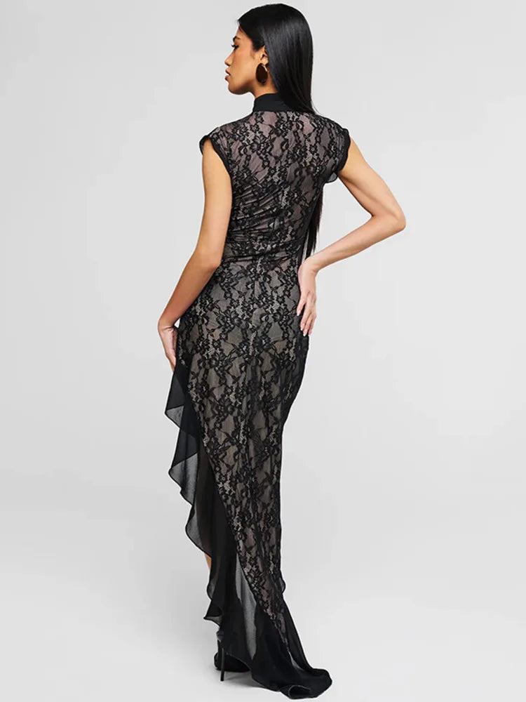 Mesh Lace Ruffled Black Hollow Out Long Dress - View 4