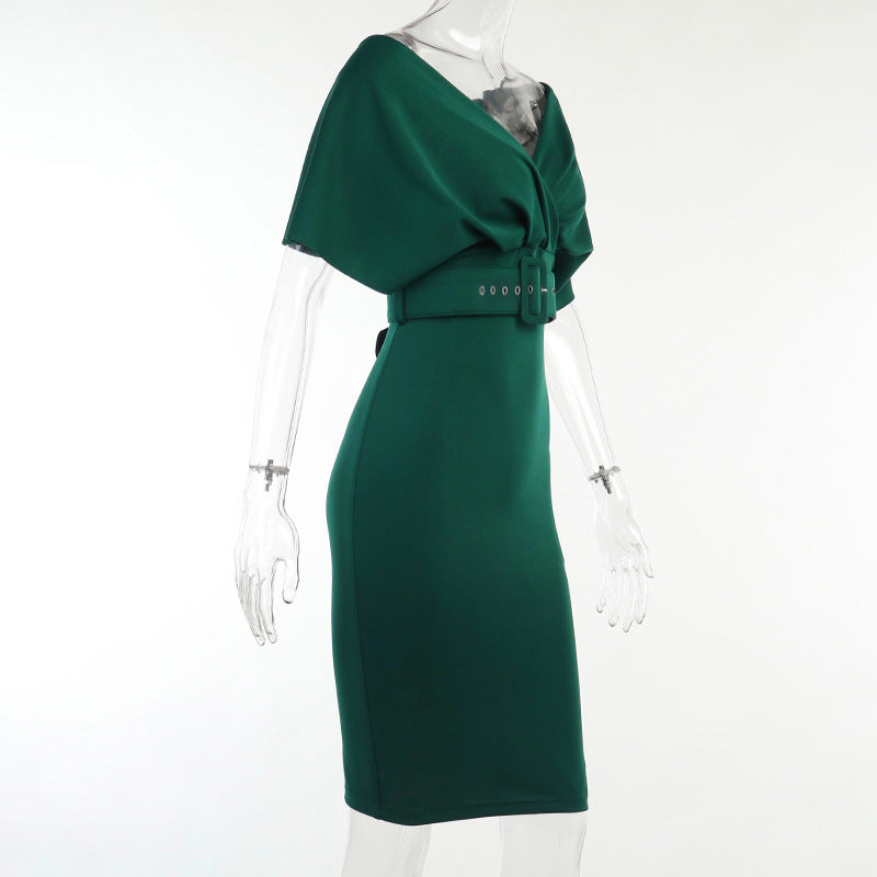 Satin Deep V-Neck Batwing Sleeve Belted Bodycon Midi Dress