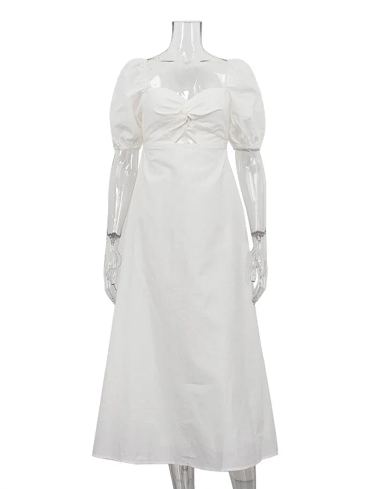 White Square Collar Puff Sleeve Long Dress For Women Slim A Line Twist Hollow Out Cotton Elegant Dresses Autumn Fashion