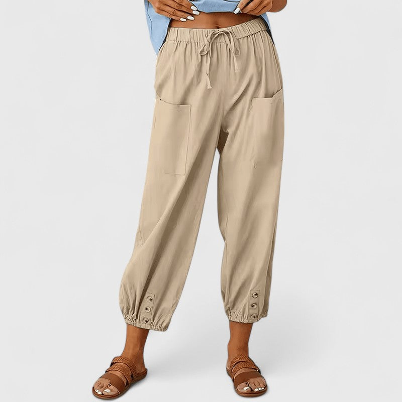 High Waist Drawstring Button Hem Cropped Pants