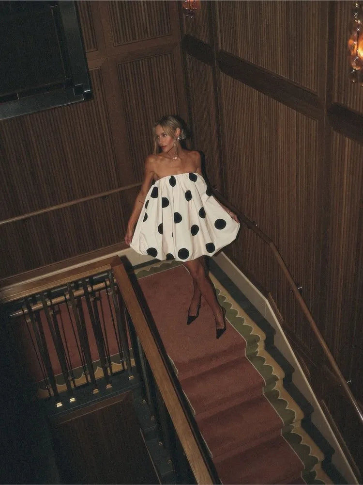 Polka Dot Strapless Bubble Hem Mini Party Dress