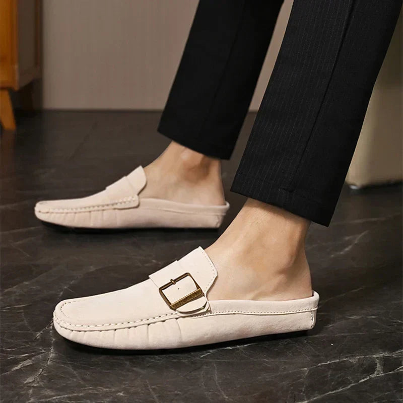 Suede-Look Buckle Backless Loafer Mules