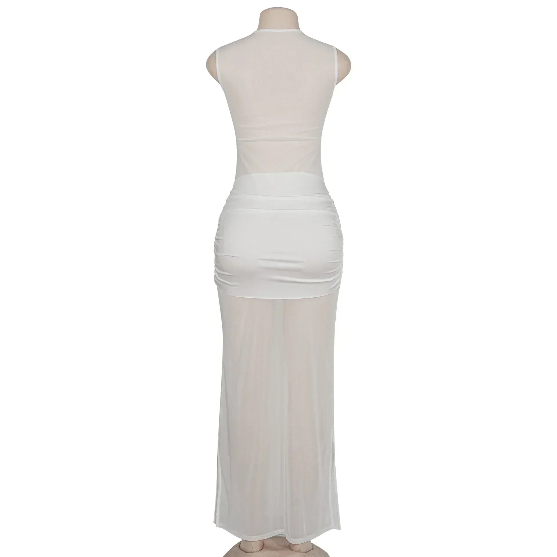 Mesh Mock Neck Sleeveless Knotted Bandeau Ruched Waist Maxi Dress