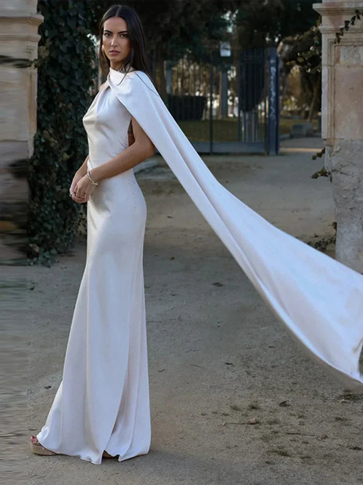 Satin Scarf Collar Halter Maxi Dress