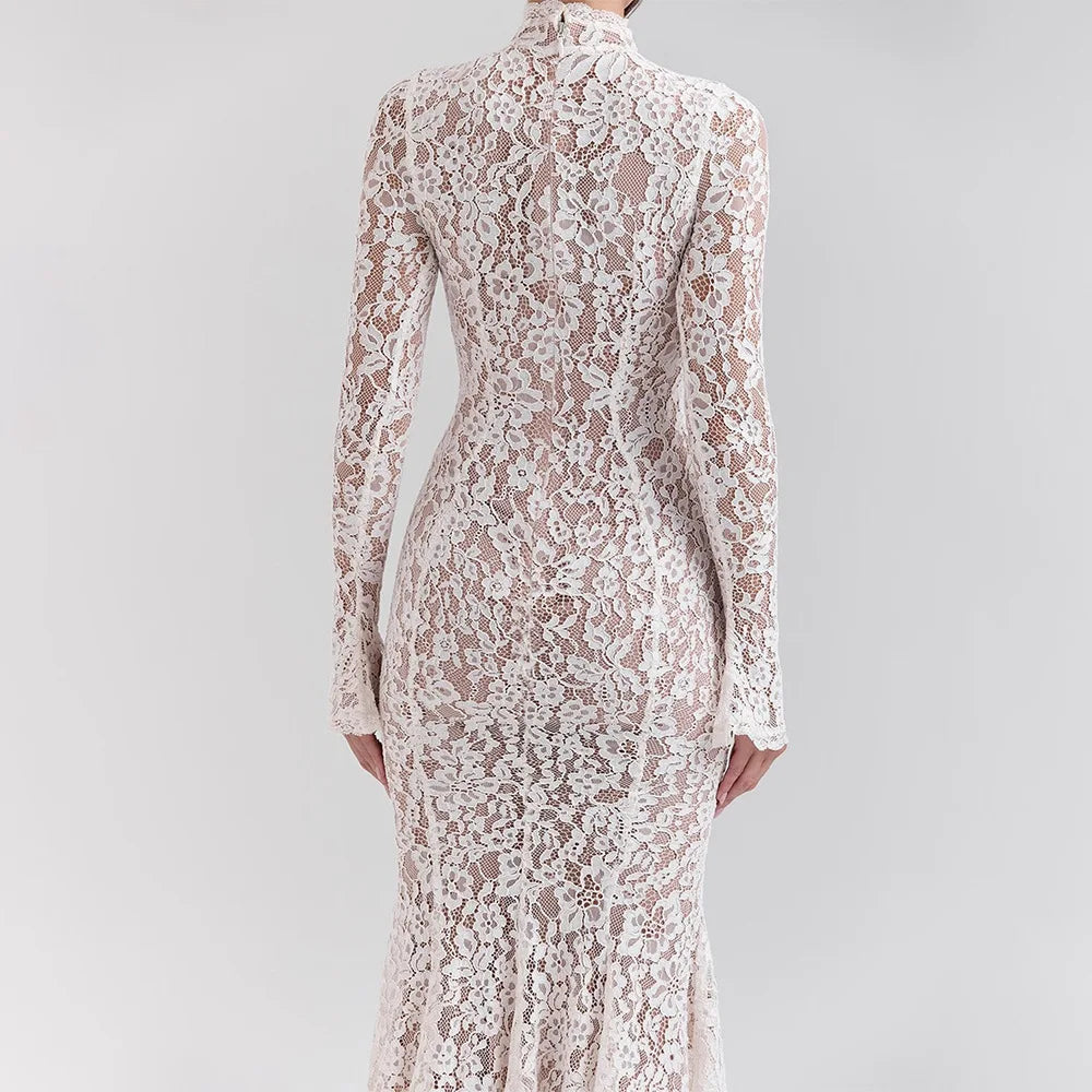 Floral Lace Mock Neck Long Sleeve Scalloped Cuff Bodycon Gown