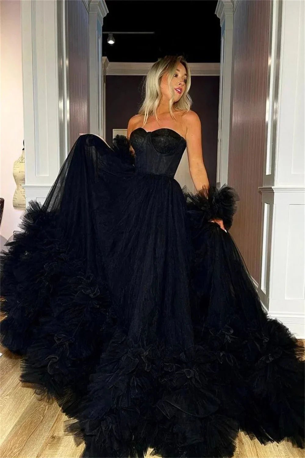 Tulle Strapless Sweetheart Ruffle Tiered Ball Gown
