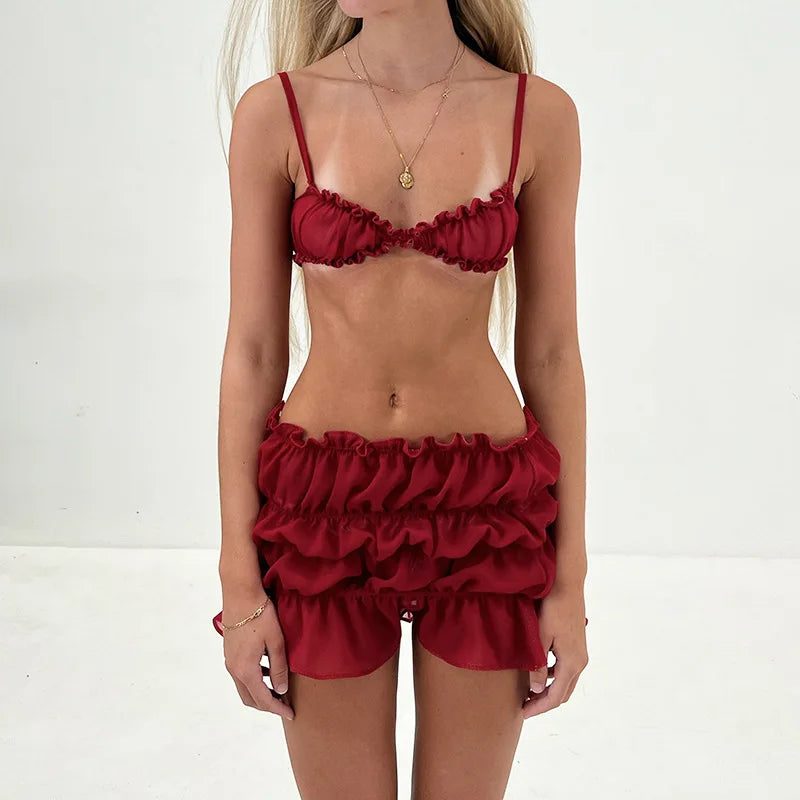 Ruffle Trim Bralette and Tiered Ruffle Shorts Two Piece Set