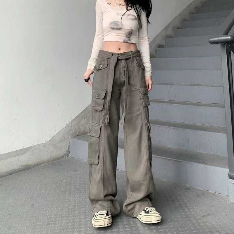 Mojoyce Hot Girl Cargo Pants Woman Elastic High Waist Big Pockets Trousers Y2K Streetwear Hip Hop Drawstring Retro Baggy Jeans Femme