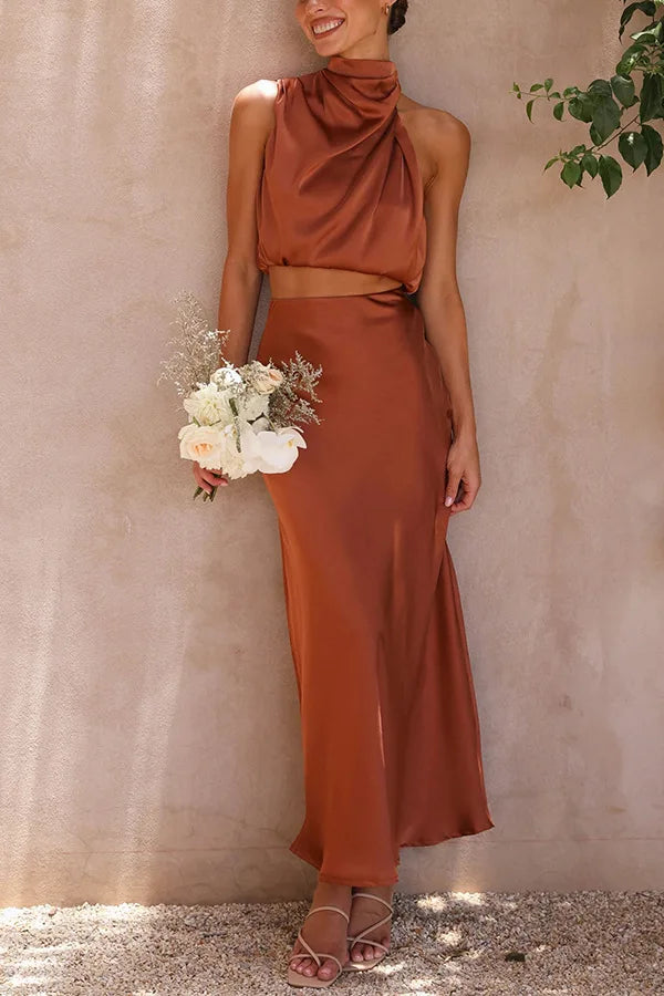 Satin Halter Neck Ruched Crop Top Maxi Skirt Two Piece Set