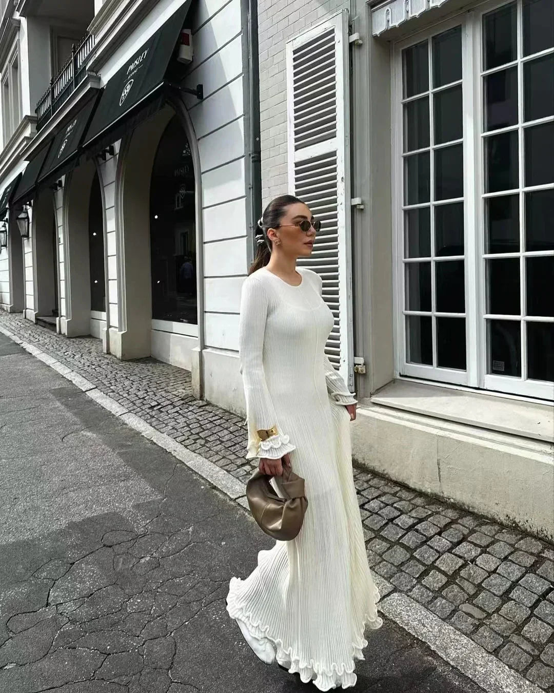 Ribbed Knit Crew Neck Long Sleeve Fluted Cuff Ruffle Hem Maxi Dress