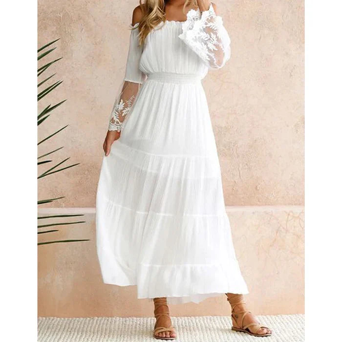 Off Shoulder Lace Bell Sleeve Smocked Tiered Chiffon Maxi Dress
