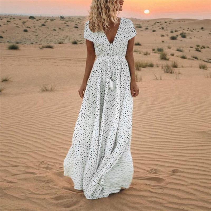 Short Sleeve Deep V-Neck Polka Dot Drawstring Waist Tassel Trim Maxi Summer Dress