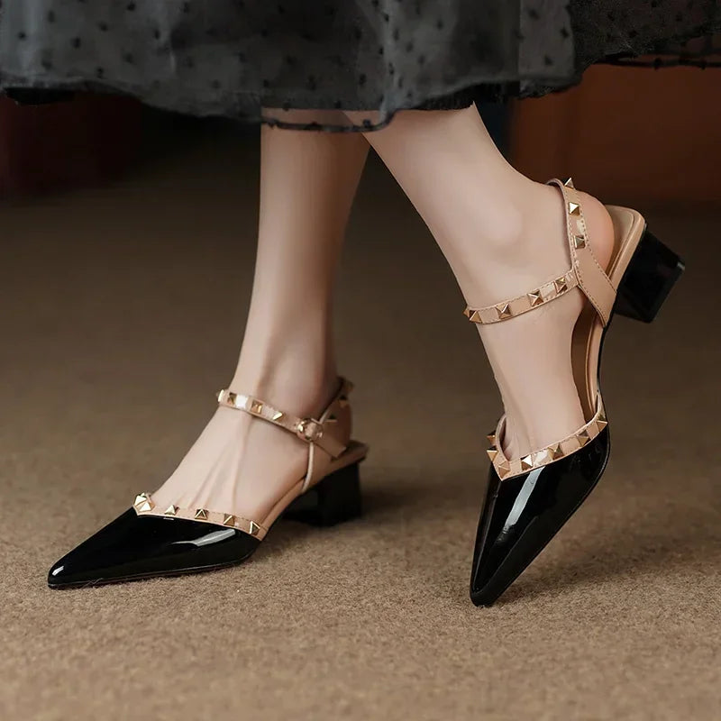 Pointed Toe Studded Slingback Block Heel Pumps