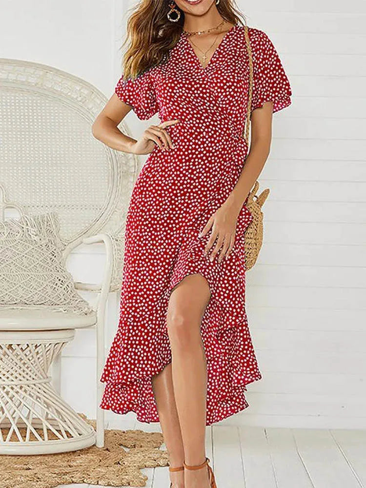 Floral Print Chiffon A-Line Short Sleeve Maxi Dress