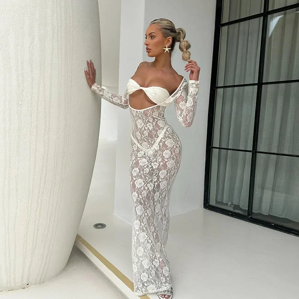 Sheer Floral Lace Long Sleeve Cut Out Twist Bust Bodycon Maxi Dress 23