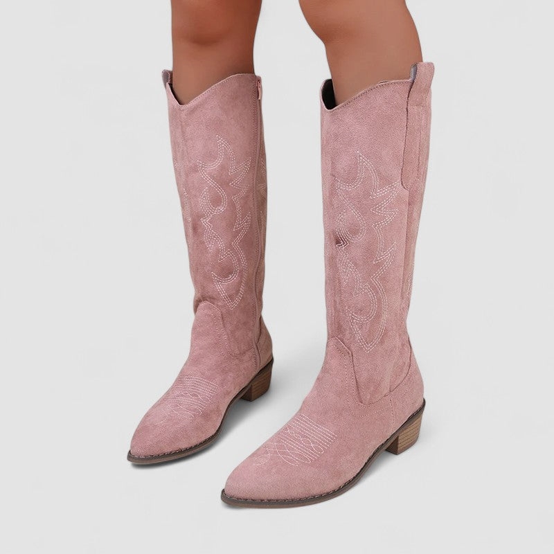 Embroidered Pointed Toe Western Knee High Boots