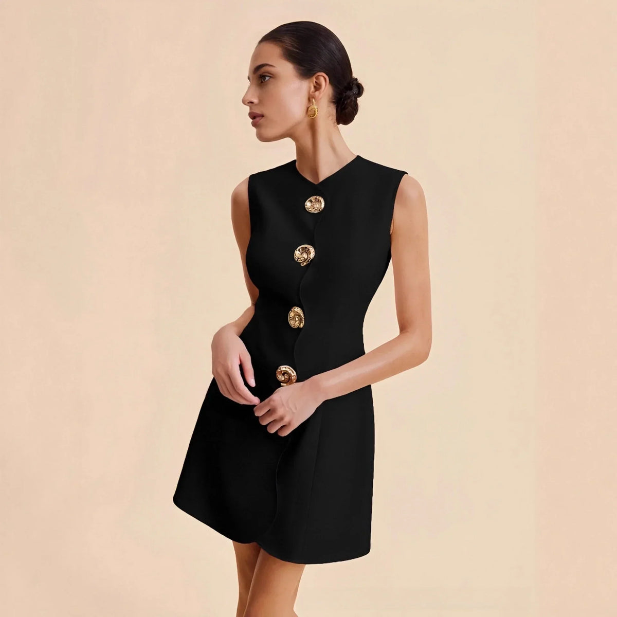 Sleeveless Button Front Asymmetric Neck A-Line Mini Dress