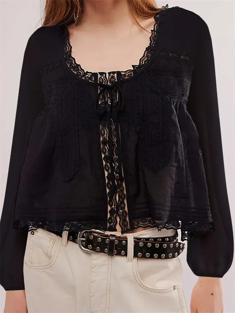 Women Long Sleeve Loose Casual Lace Patchwork Blouse