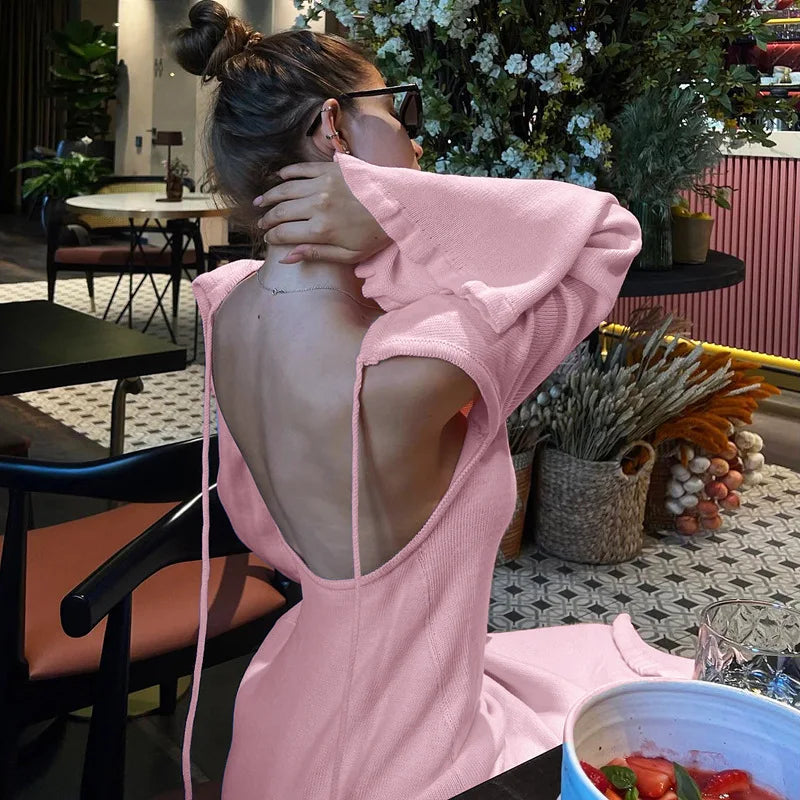 Rib Knit Deep V-Neck Bell Sleeve Bodycon Midi Dress