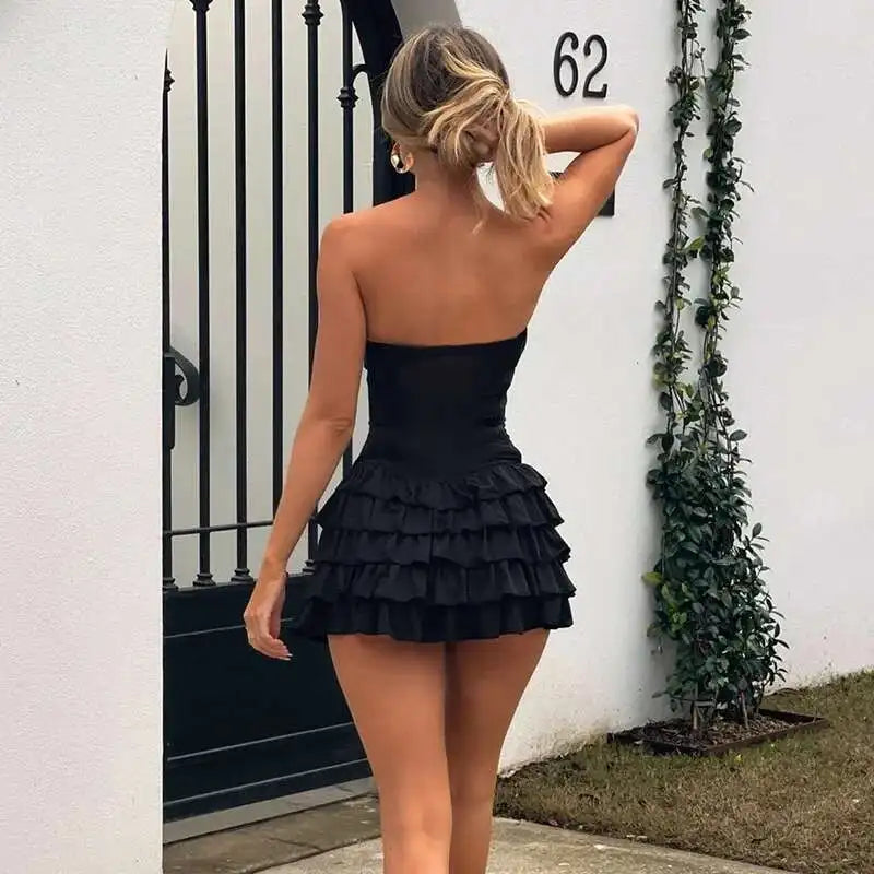 Strapless Grommet Trim Tiered Ruffle Fit and Flare Mini Dress