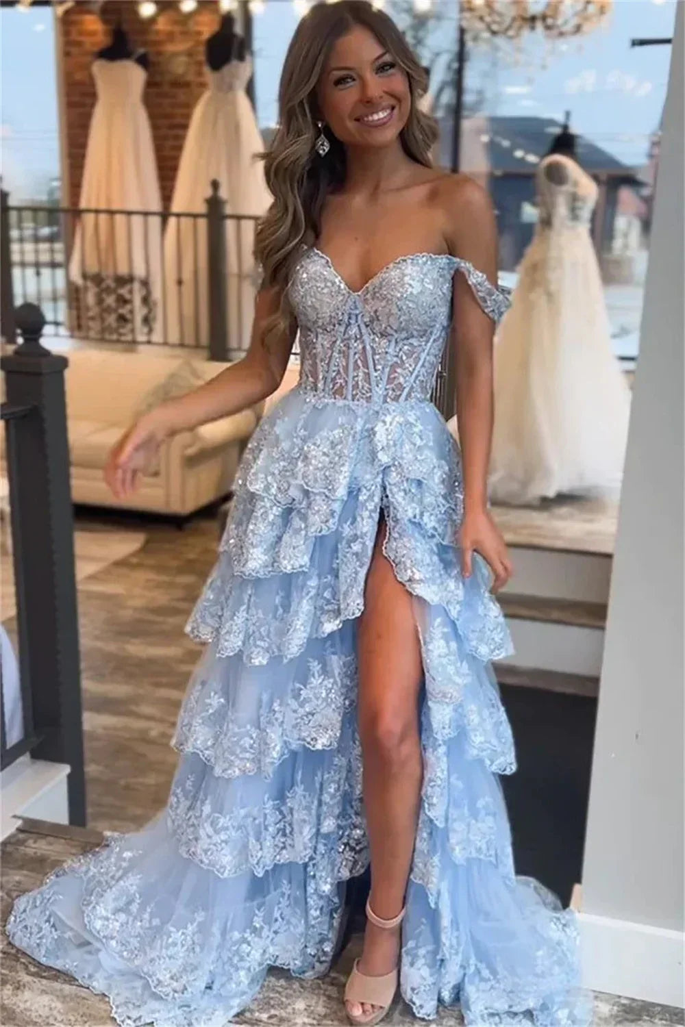 Sequin Lace Sweetheart Corset Tiered High Split Prom Gown