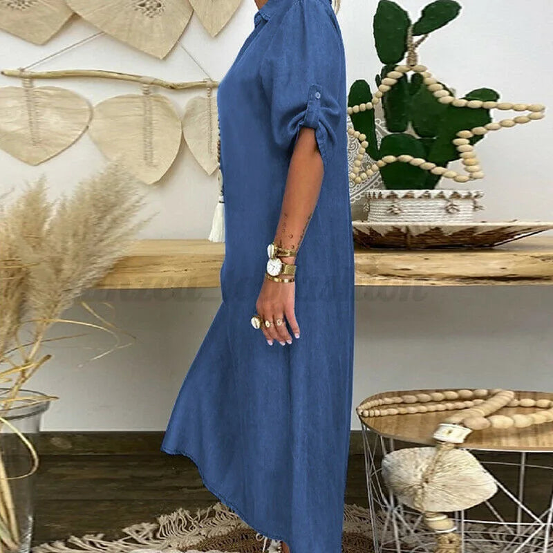 Collared Roll Sleeve Denim Shirt Maxi Dress