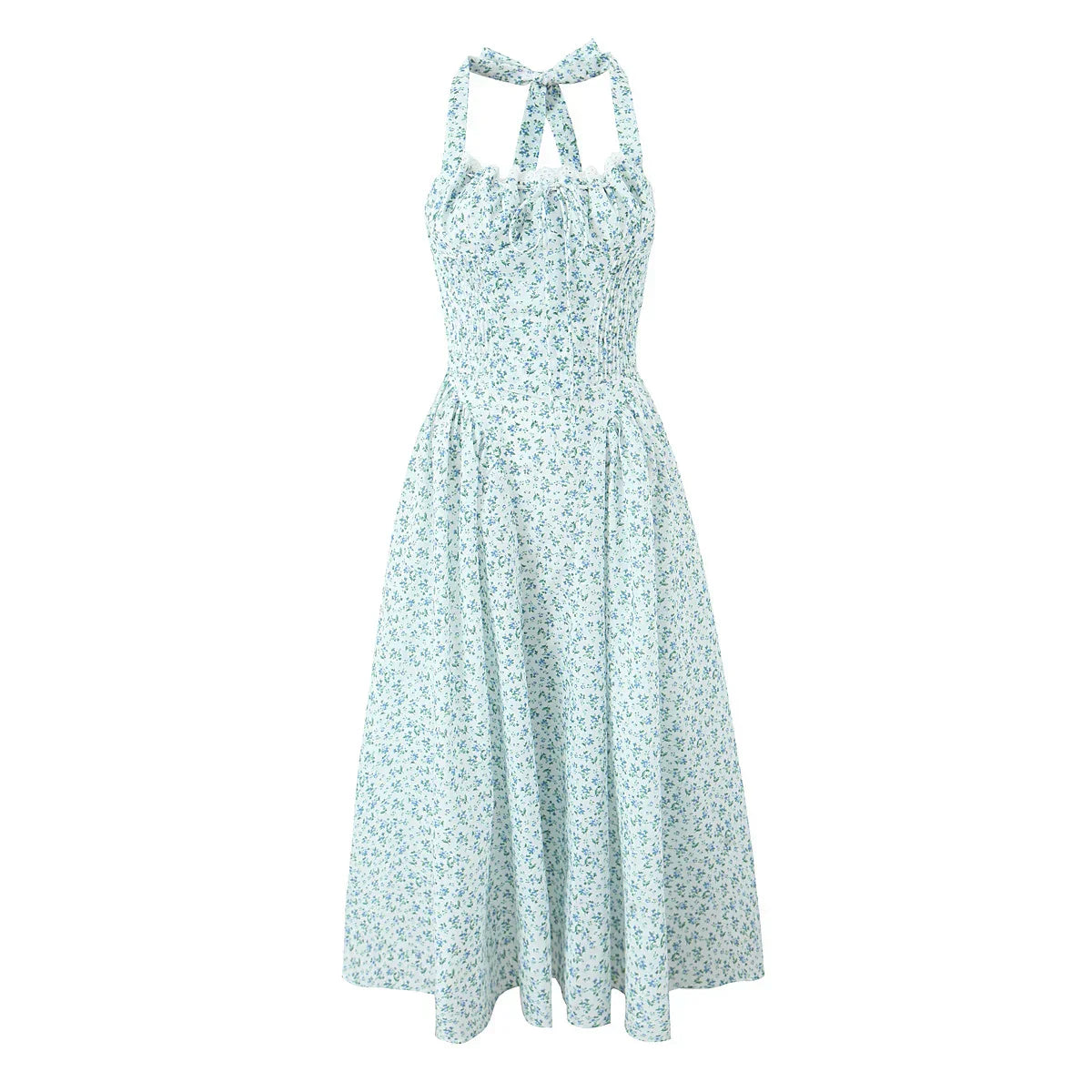 Floral Halter Neck Bow Fit and Flare Midi Dress
