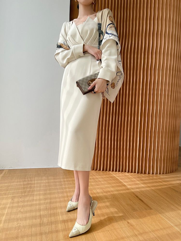 Satin Square Neck Long Sleeve Wrap Midi Dress