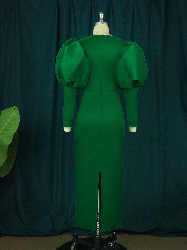 Satin Square Neck Puff Sleeve Bodycon Maxi Dress - View 12