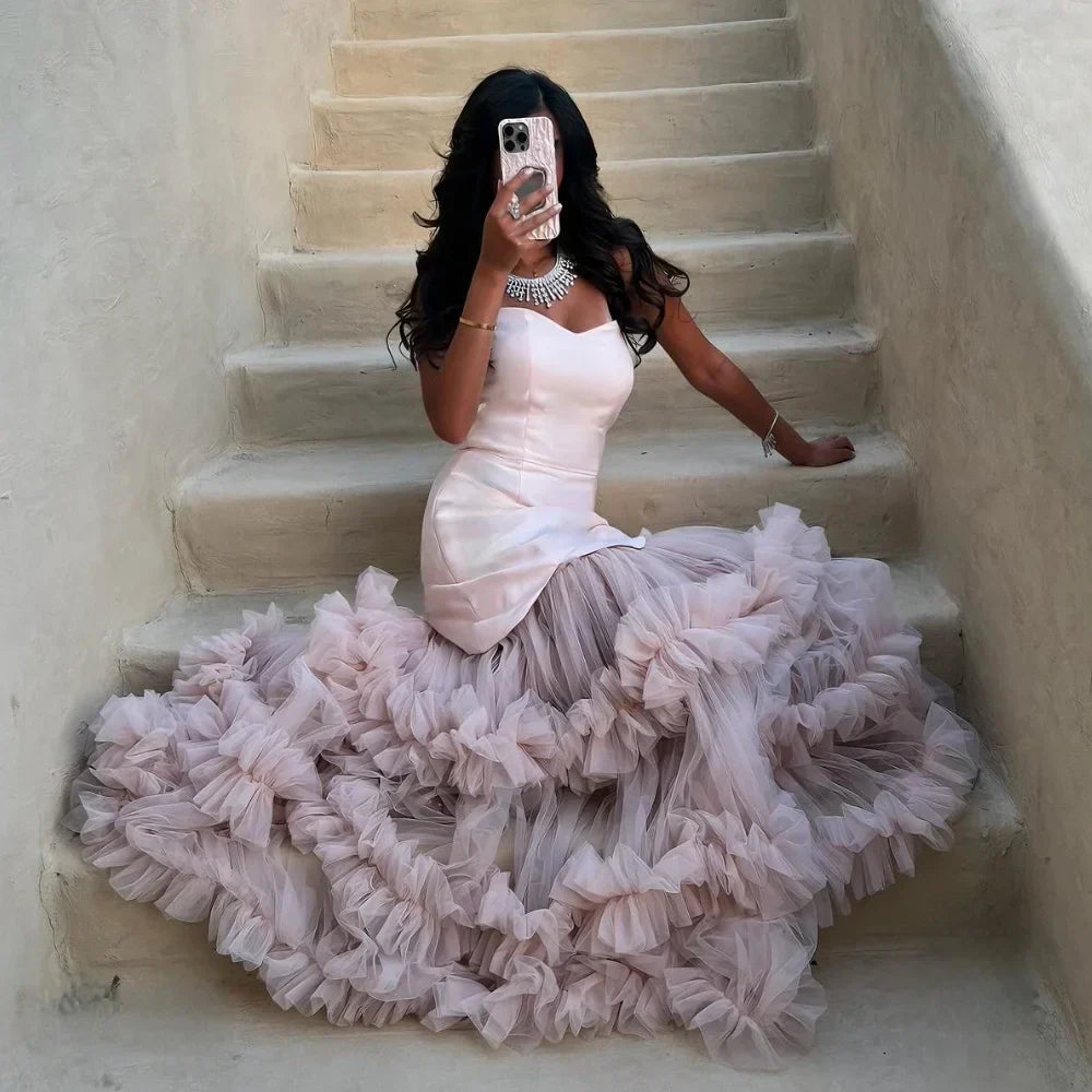 Net Pleated Edition Sweetheart Maxi Dress
