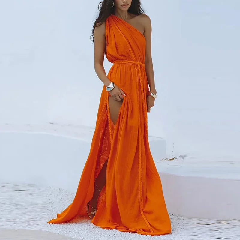 Braided Rope Trim One Shoulder Belted High Split Maxi Dress