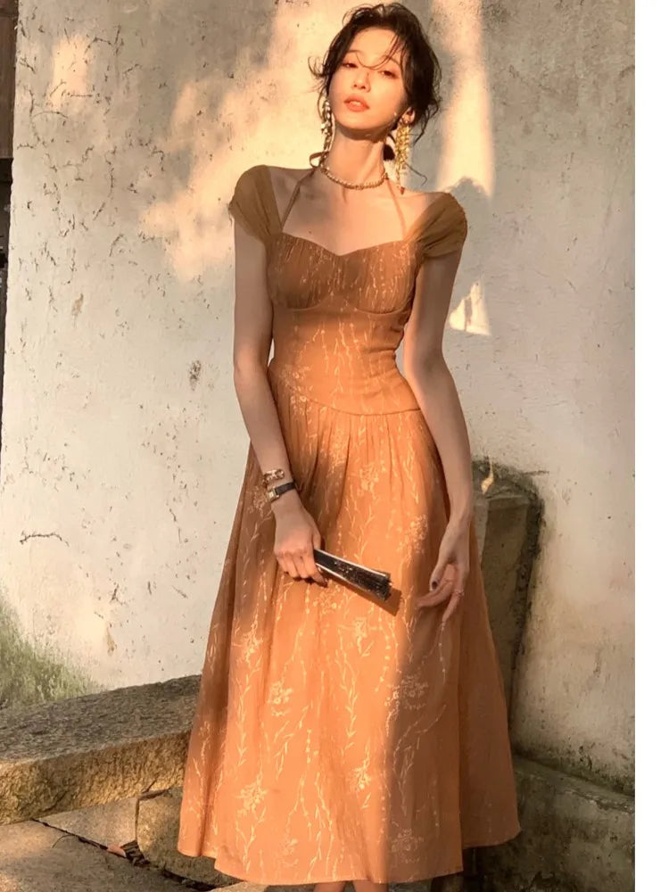 Square Neck Cap Sleeve Ruched Fit and Flare Midi Dress