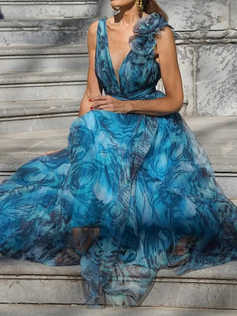 Sandra Elevated Bohemian Long Peacock Blue Dress in Summer Style Evening Wear Edit