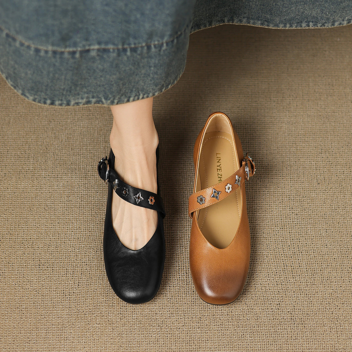 Square Toe Buckle Ankle Strap Mary Jane Flats