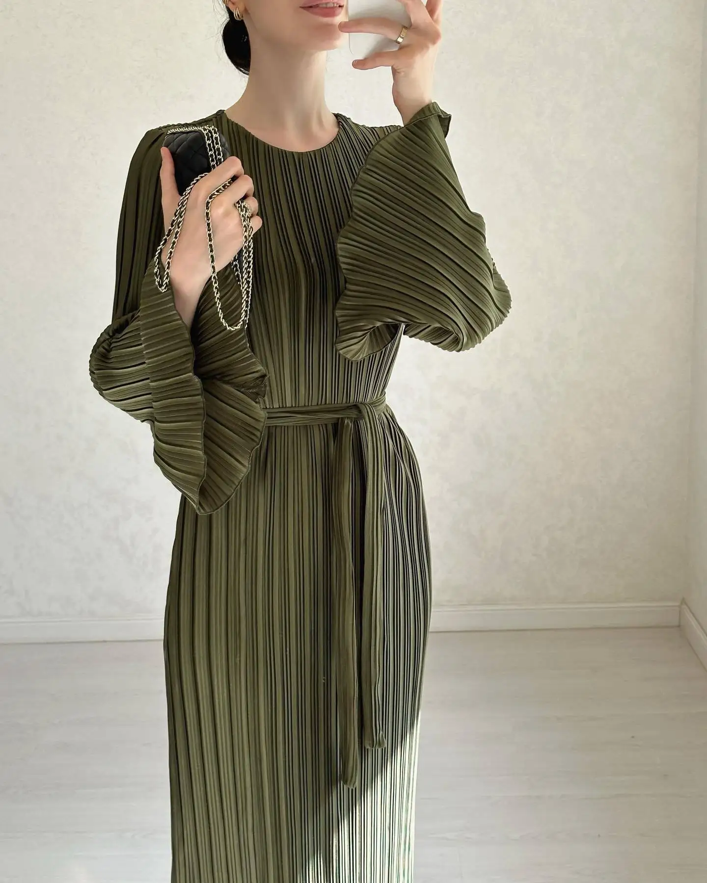 Plissé Pleated Long Sleeve Ruffle Cuff High Neck Bodycon Maxi Dress