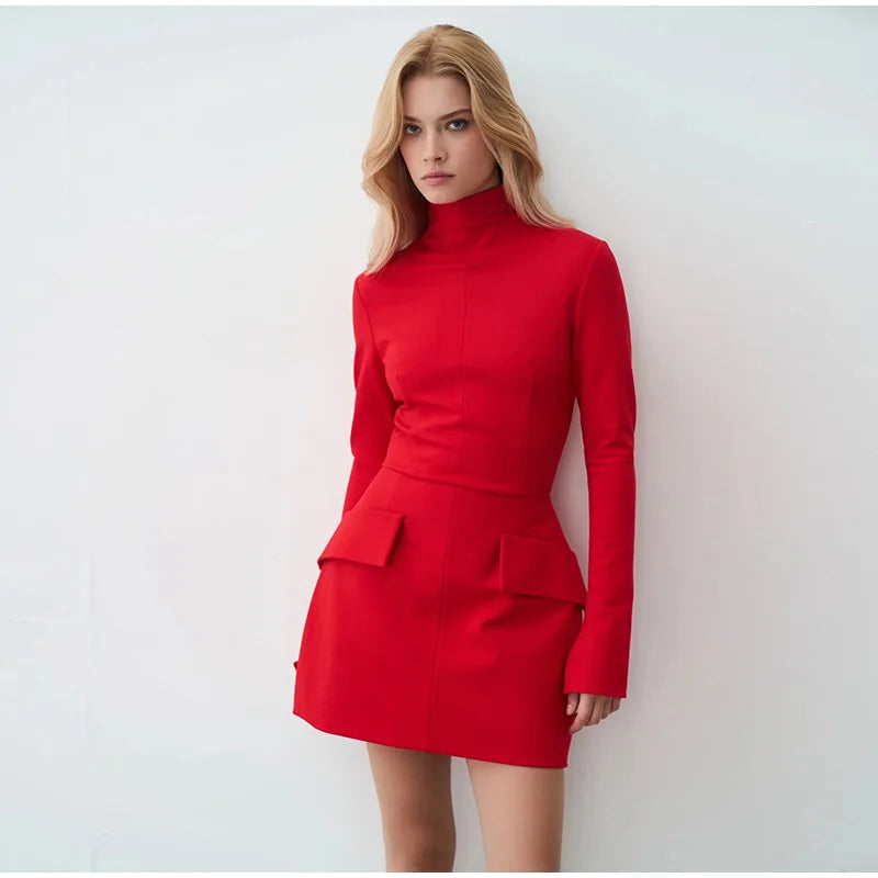 Mock Neck Long Sleeve Peplum Hem Bodycon Mini Dress