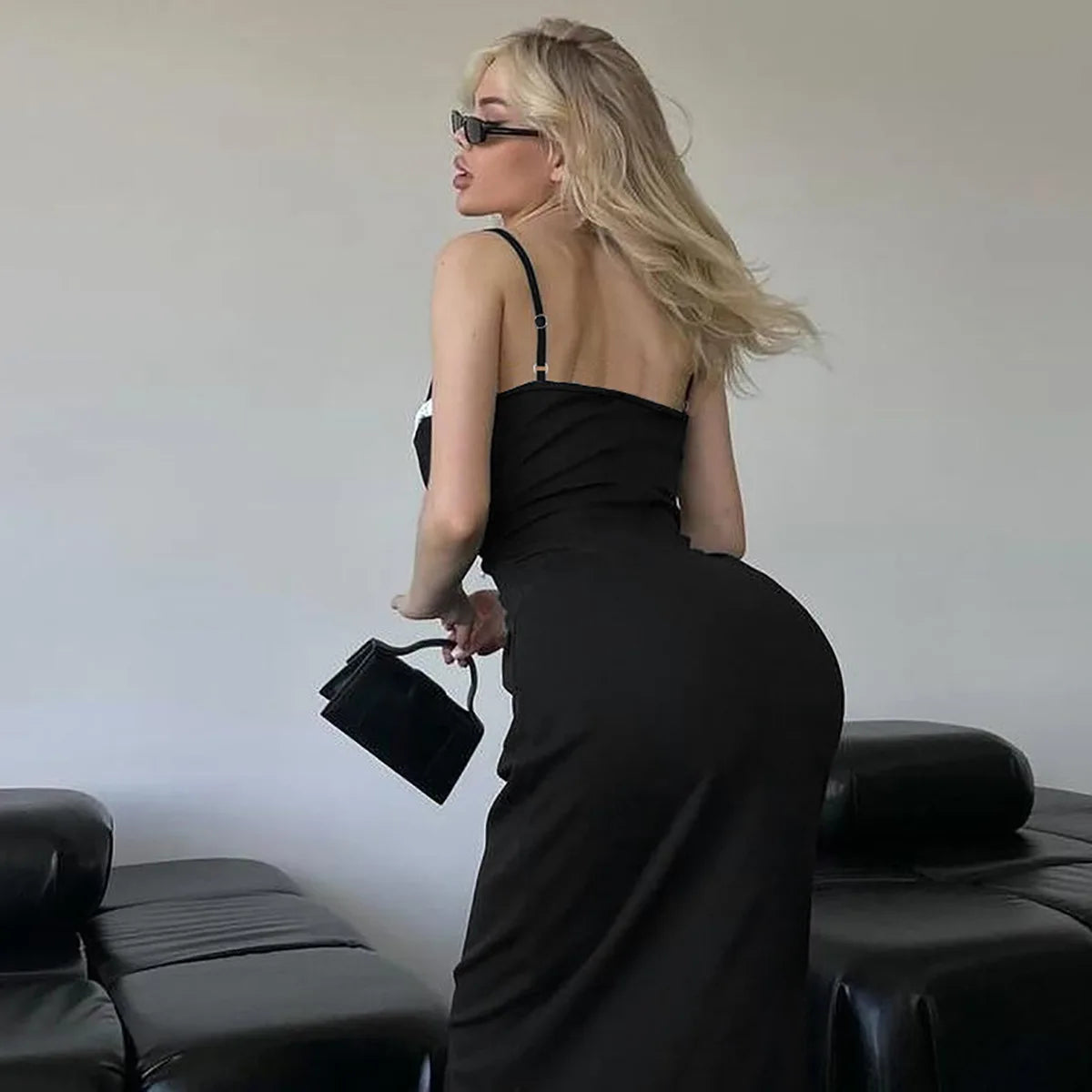 Open Back Lace Patchwork Black Maxi Dress - View 7