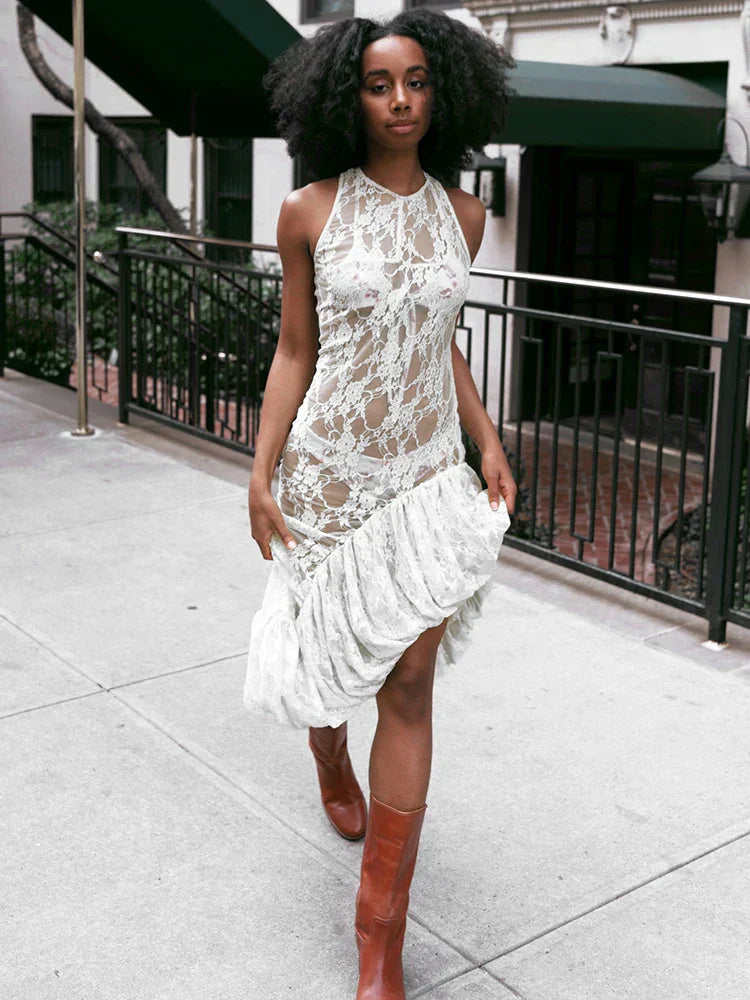 Lace See Through Ruffle Midi Dress - View 6