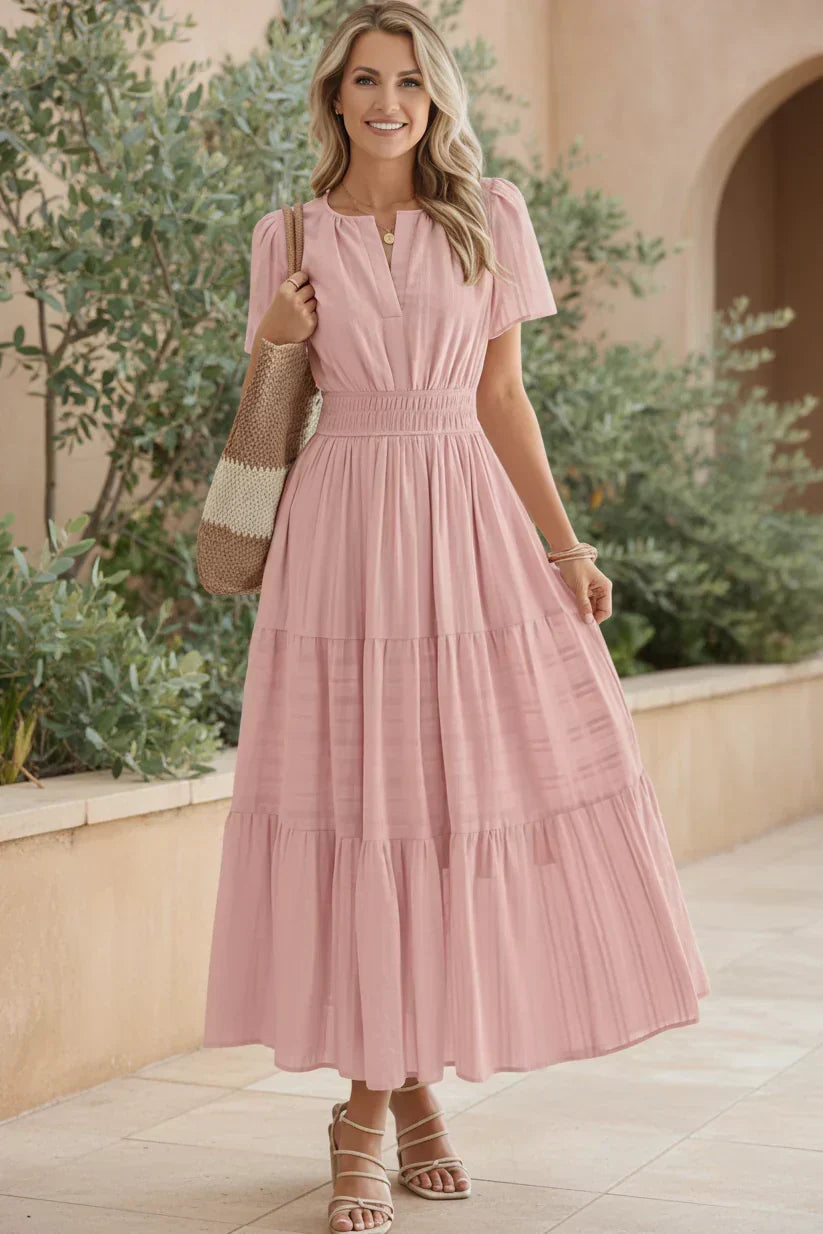 V-Neck Puff Sleeve Smocked Waist Tiered Maxi Dress