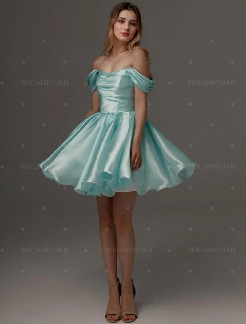 Satin Off Shoulder Ruched Bubble Hem A-Line Mini Dress