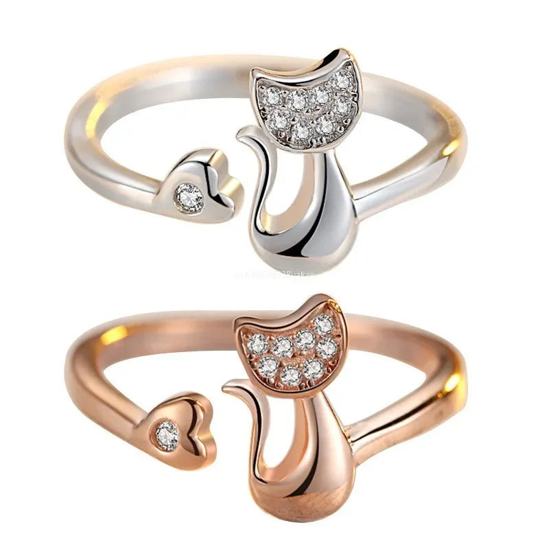 Cubic Zirconia Cat and Heart Adjustable Open Ring