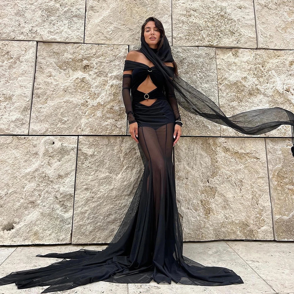 Off Shoulder Cut Out Sheer Mesh Train Maxi Dress