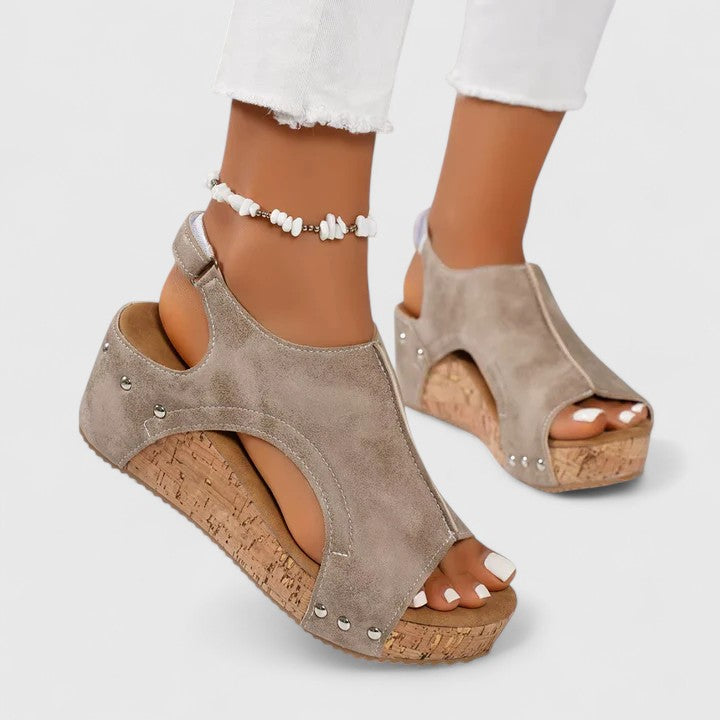 Open Toe Cut Out Ankle Strap Cork Wedge Sandals