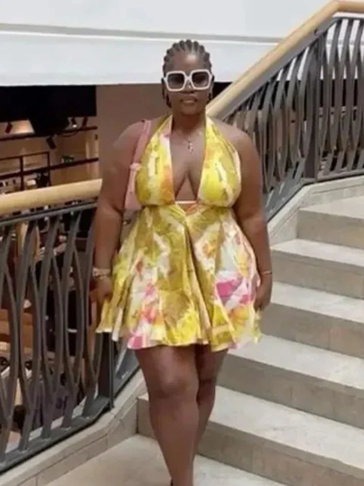 Halter Tie Dye Ruffle Hem Bandage Mini Dress