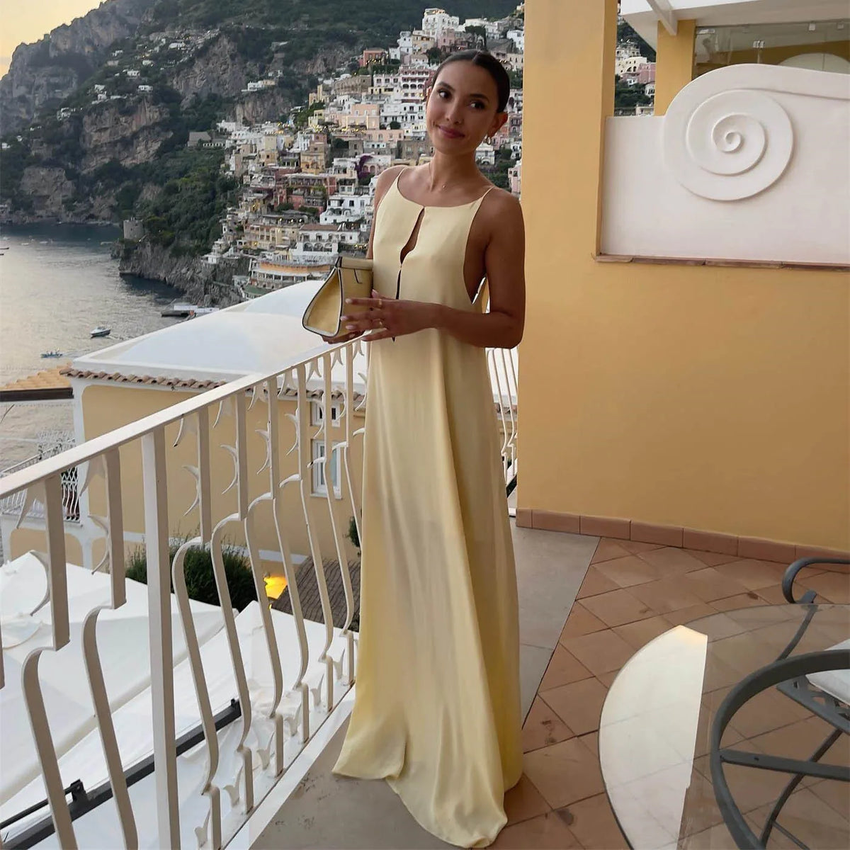 Satin Sleeveless Keyhole Cut Out Front Open Back Maxi Slip Dress