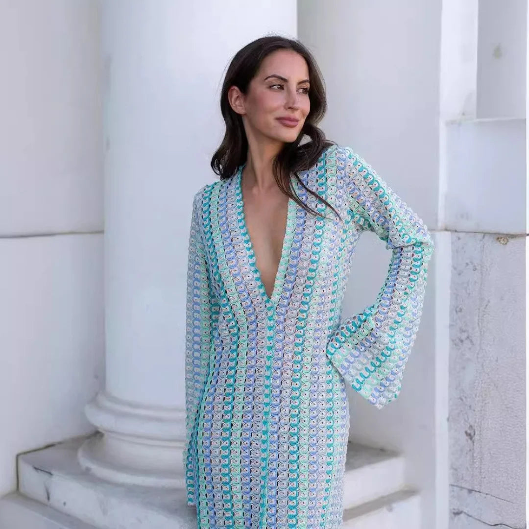 Crochet Deep V-Neck Bell Sleeve Scalloped Knit Maxi Dress