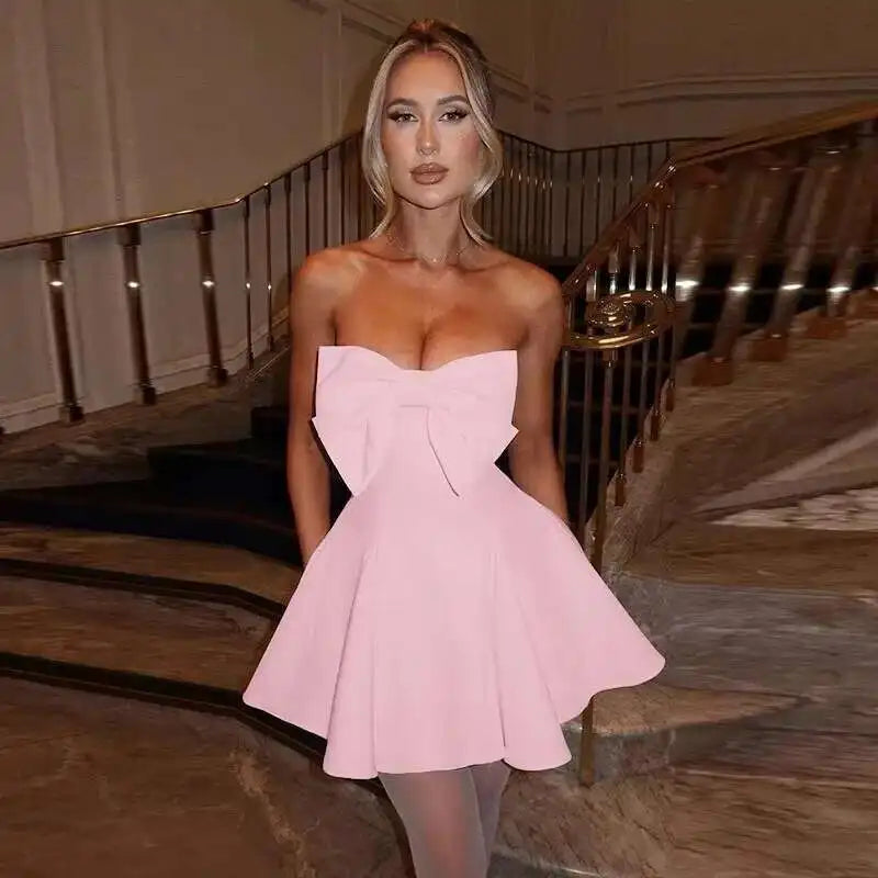 Pearl Bow Waist Wrap Backless Mini Dress 14