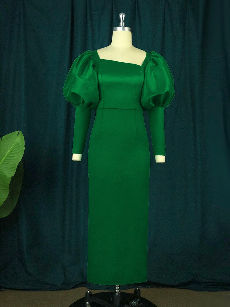 Satin Square Neck Puff Sleeve Bodycon Maxi Dress