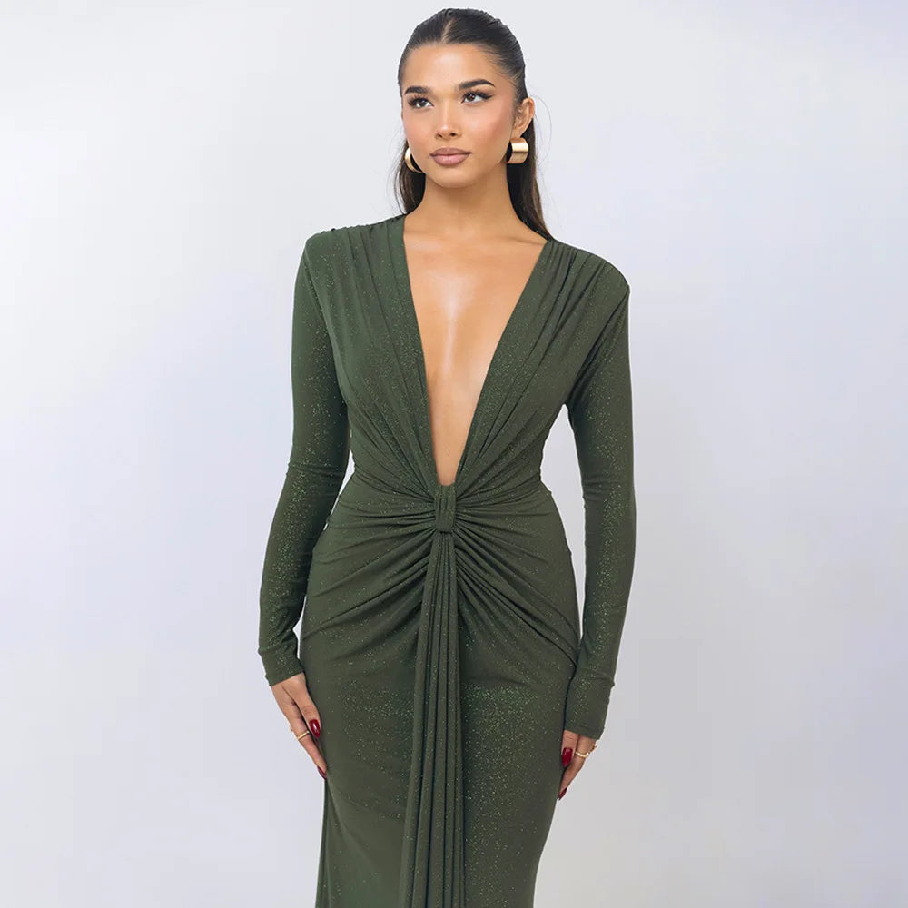 Glitter Deep V-Neck Long Sleeve Twist Front Ruched Maxi Dress 23