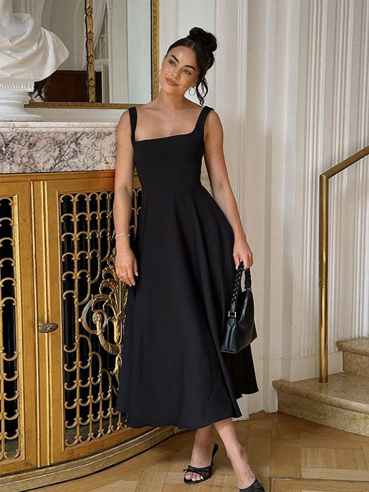 Polka Dot Square Neck Wide Strap A-Line Maxi Dress
